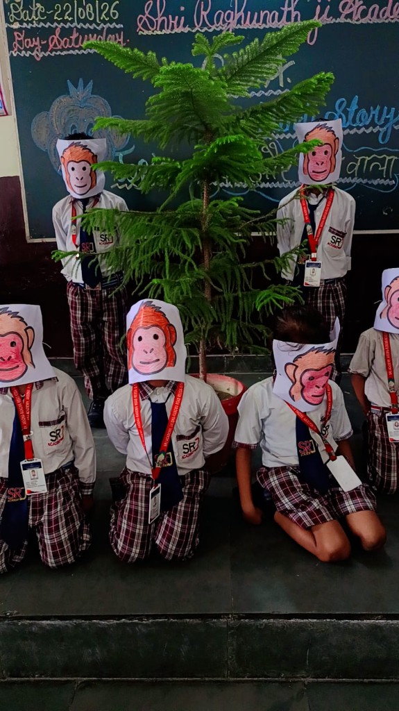 SRJ Academy students wearing monkey masks for Hindi story CCA