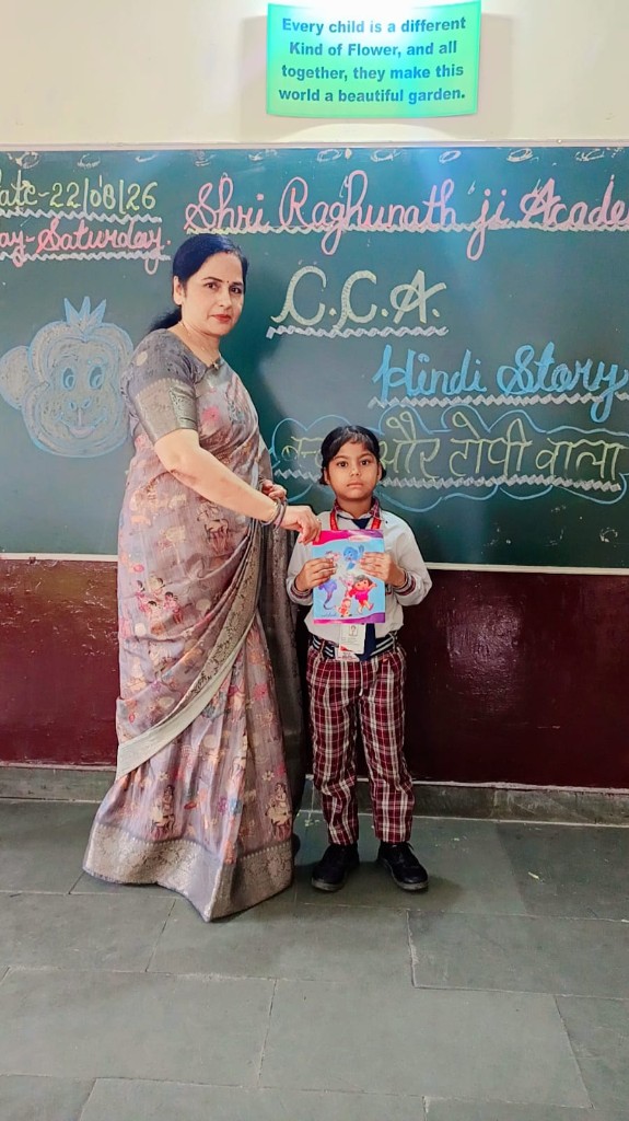 Teacher presenting Hindi story award to a student at SRJ Academy