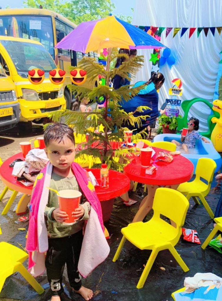 Pool party setup with colorful decor at SRJ Academy